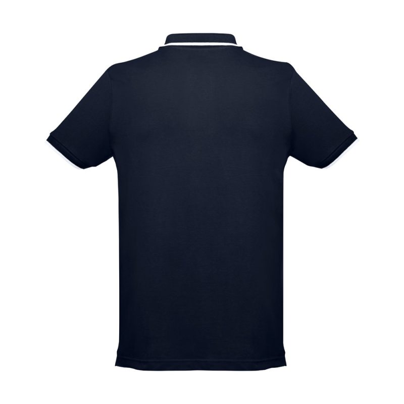 Back view navy blue polo shirt.
