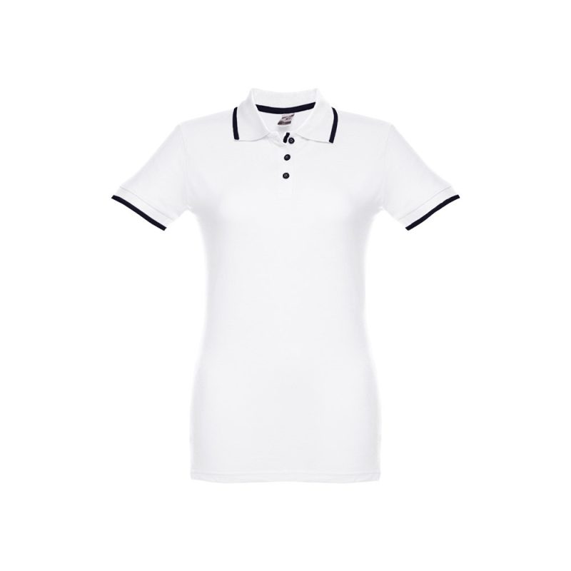 White polo shirt with black trim accents.