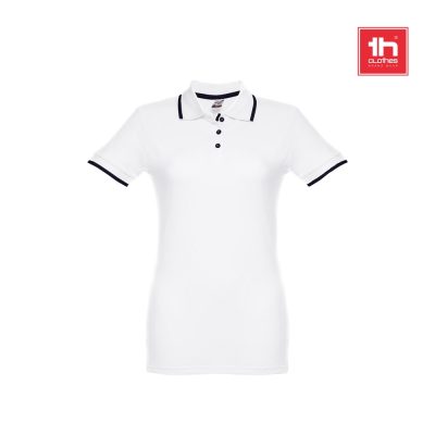 White polo shirt with black trim details.