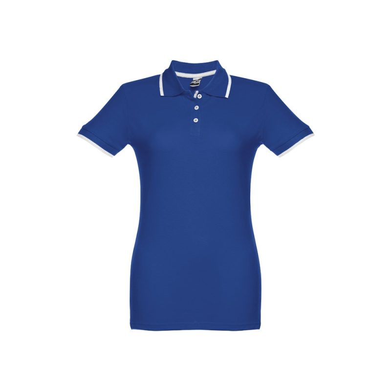Blue women's polo shirt with short sleeves.
