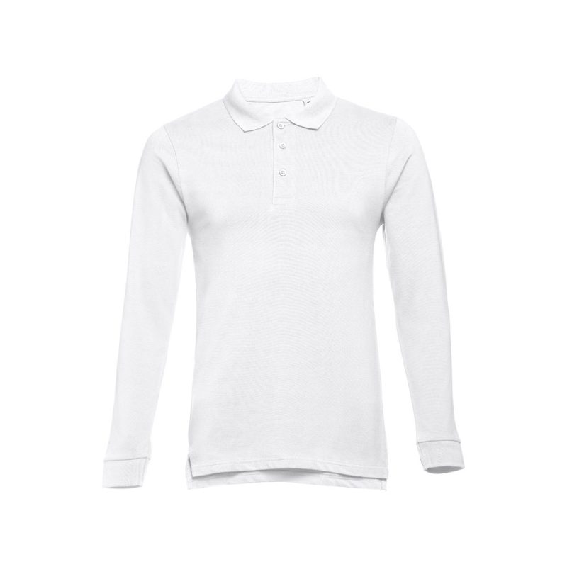 Plain white long-sleeve polo shirt on white background.