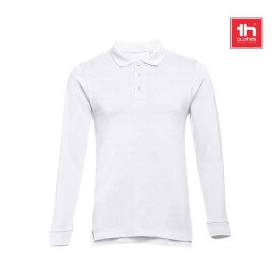 White long-sleeve polo shirt on display.