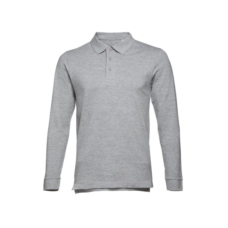 Grey long-sleeve polo shirt on white background.