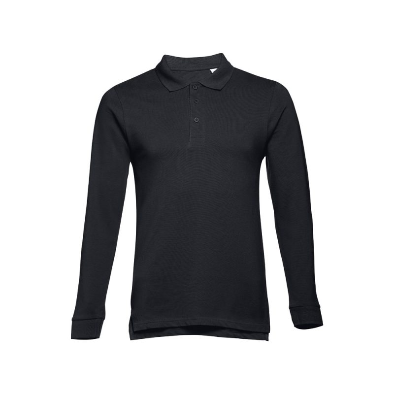 Black long-sleeve polo shirt with collar and buttons.