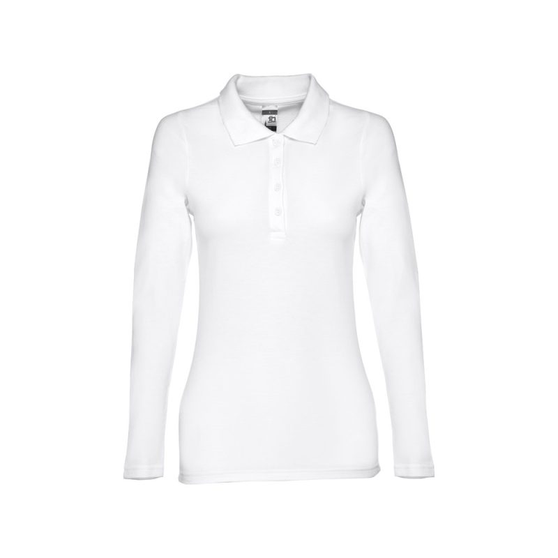 White long-sleeve women's polo shirt on display.