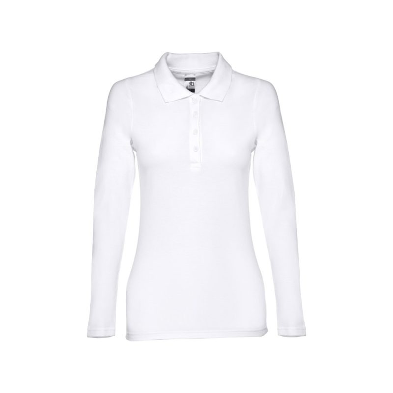 White long-sleeve polo shirt for women.