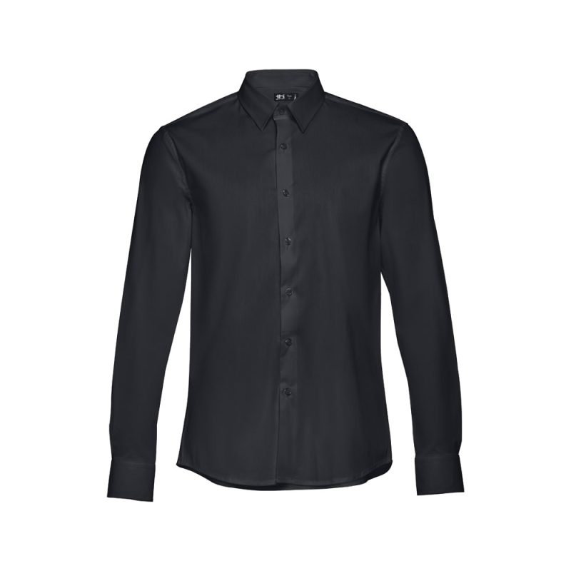 Black long-sleeve dress shirt on white background.