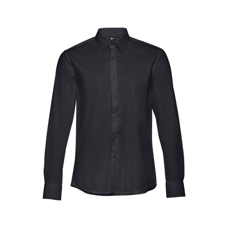 Black long-sleeve dress shirt on white background.