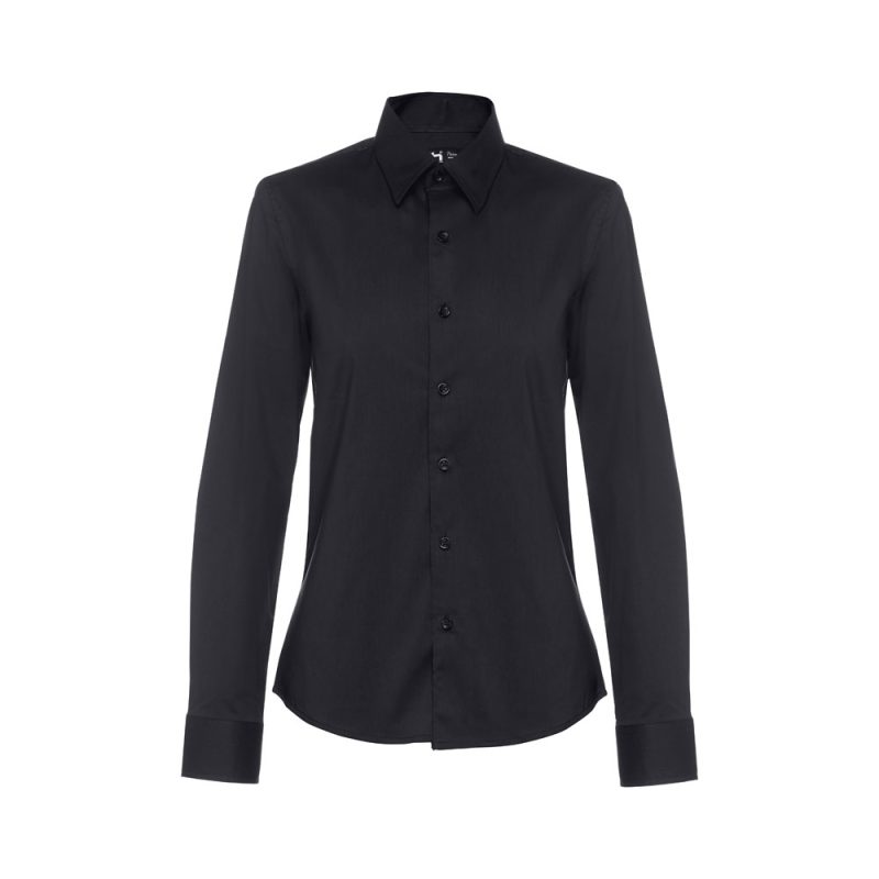 Black long-sleeved women's shirt with buttons.