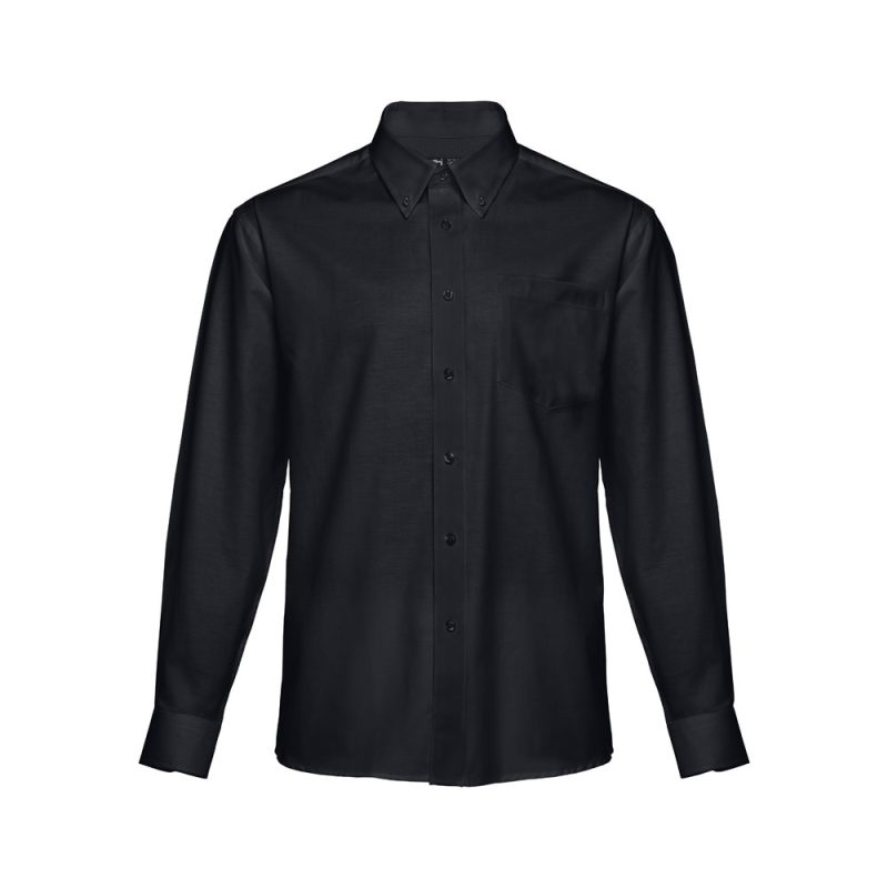 Black long-sleeve button-up shirt with pocket.