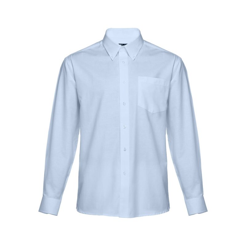 White long-sleeve formal shirt with collar and pocket.