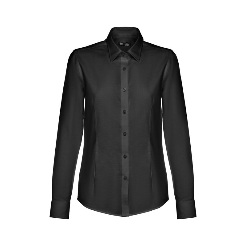 Black long-sleeve women's shirt with buttons.