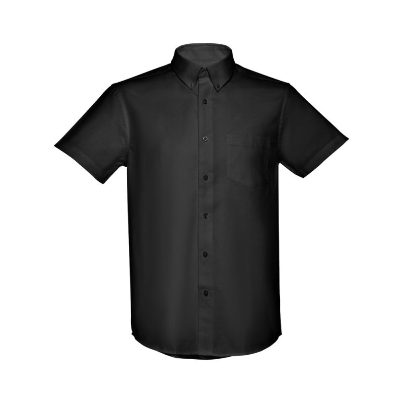Black short-sleeve shirt with buttons and pocket.