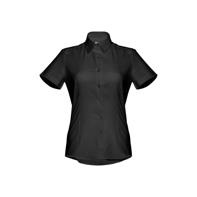 Black short-sleeve button-up shirt for women