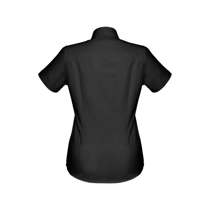 Back view of black short-sleeve shirt.