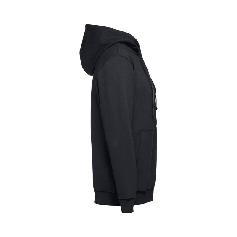 Side view of black hoodie with hood