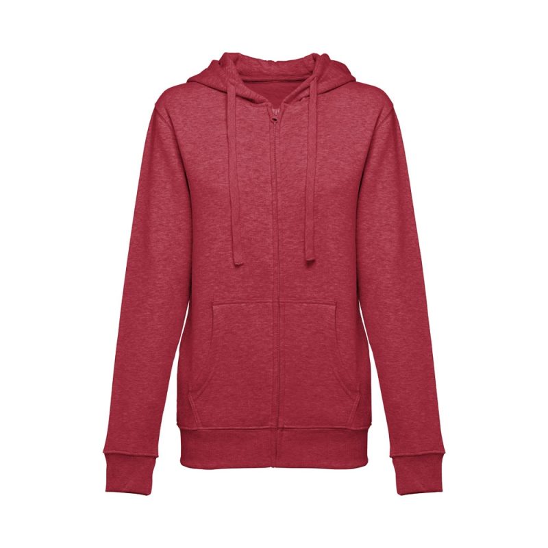 Red zip-up hoodie with front pockets.