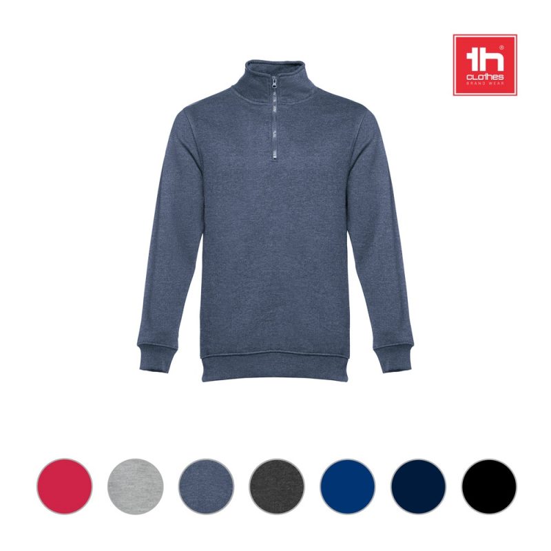 Blue zip-up jumper, available in various colours.