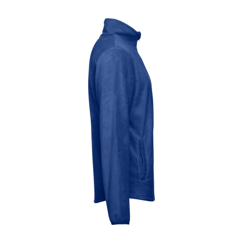 Side view of blue fleece jacket.