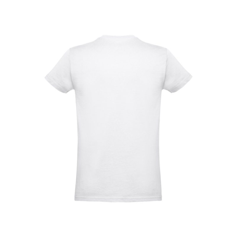 Back view of plain white T-shirt on display.