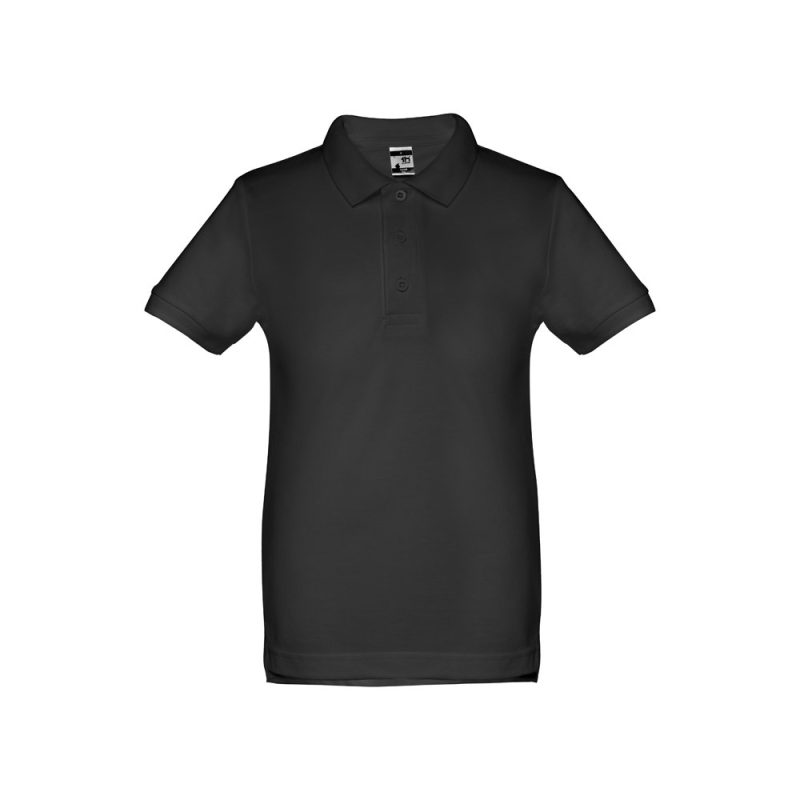 Black polo shirt with buttons front view.