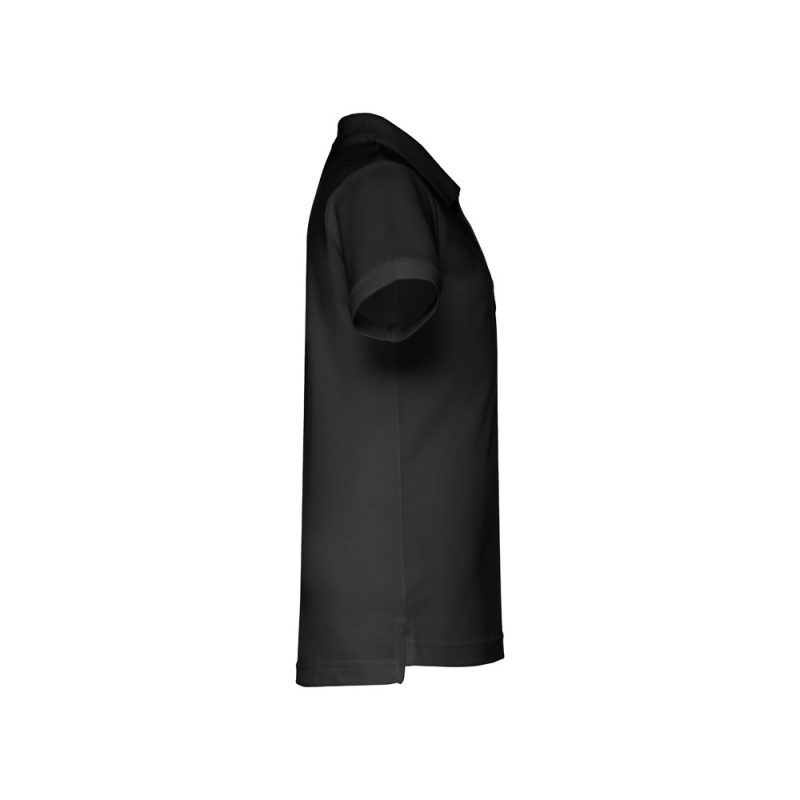 Black polo shirt, side view.