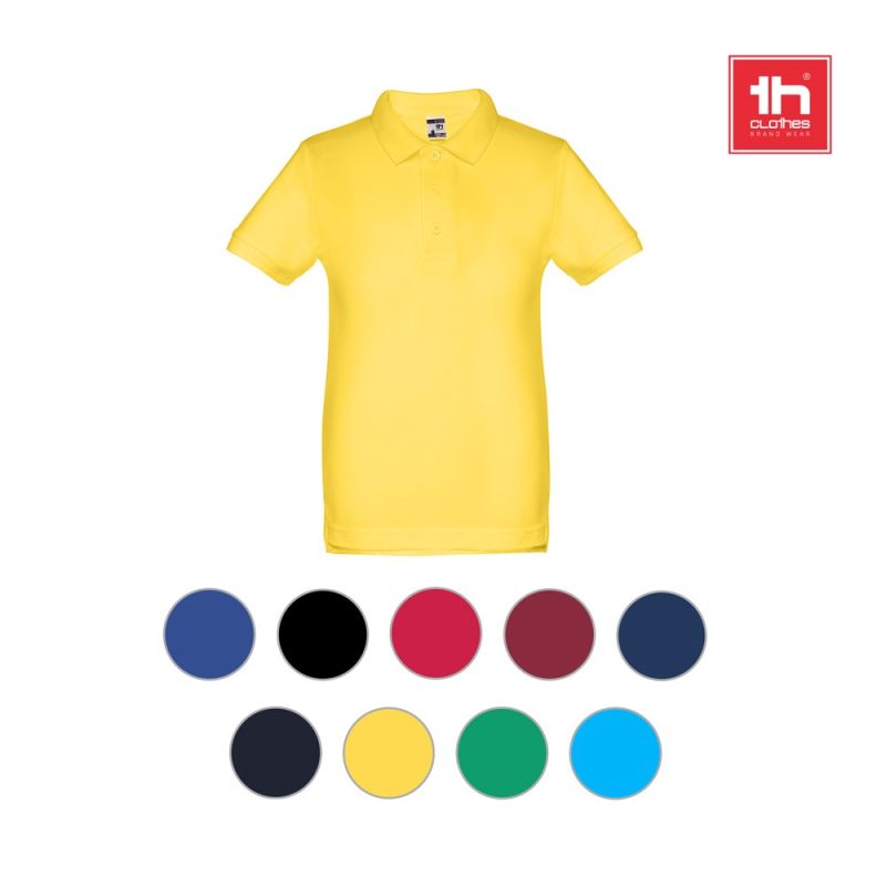 Yellow polo shirt with various colour options displayed.