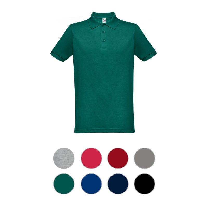 Colourful polo shirts with multiple options displayed.