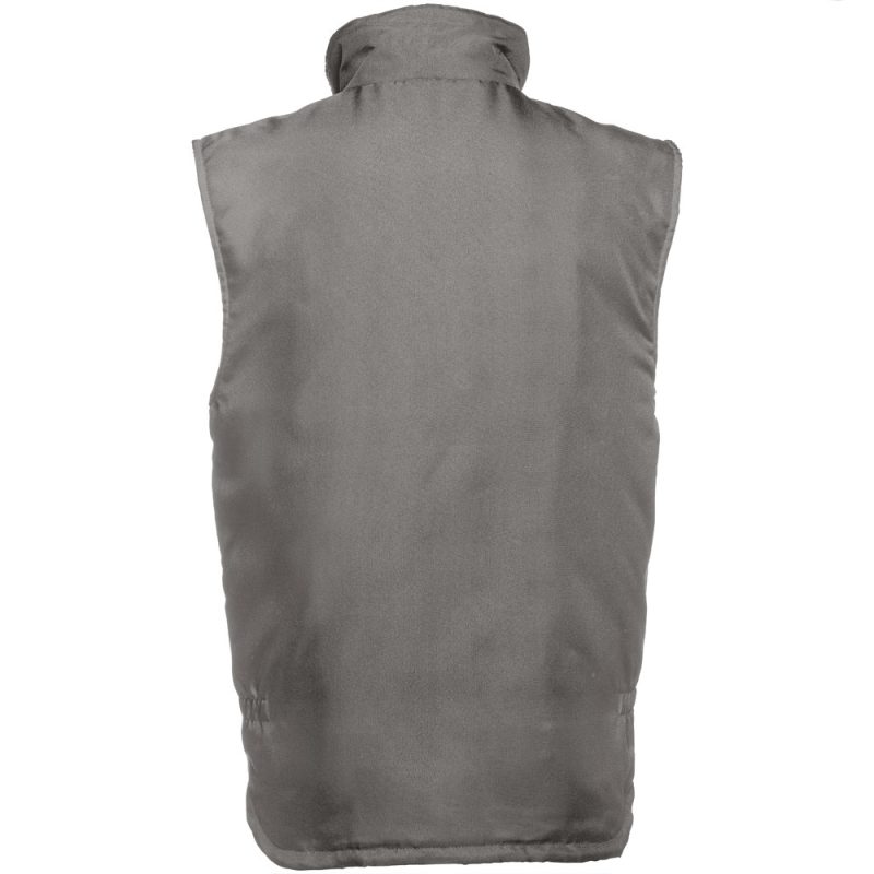 Grey sleeveless jacket, back view.