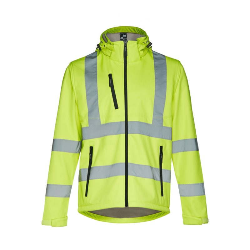 High visibility yellow jacket with reflective stripes.