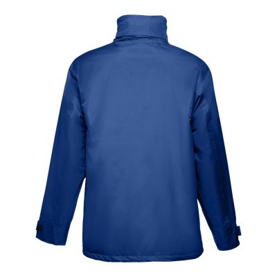 Back view of blue waterproof jacket