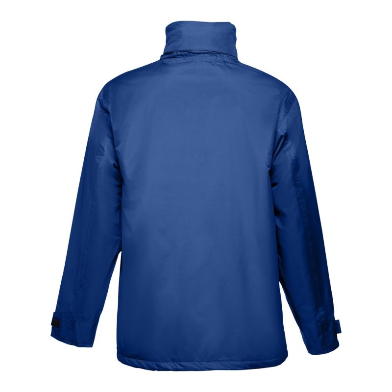 Back view of blue waterproof jacket