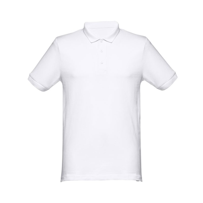 Plain white polo shirt on white background.