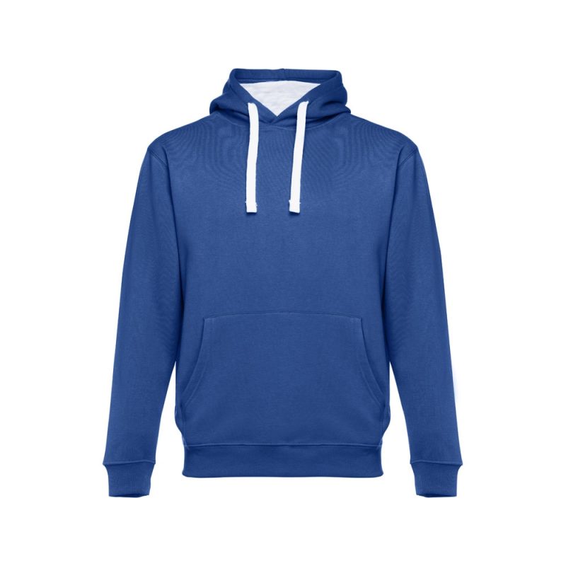 Blue hoodie with white drawstrings on display.