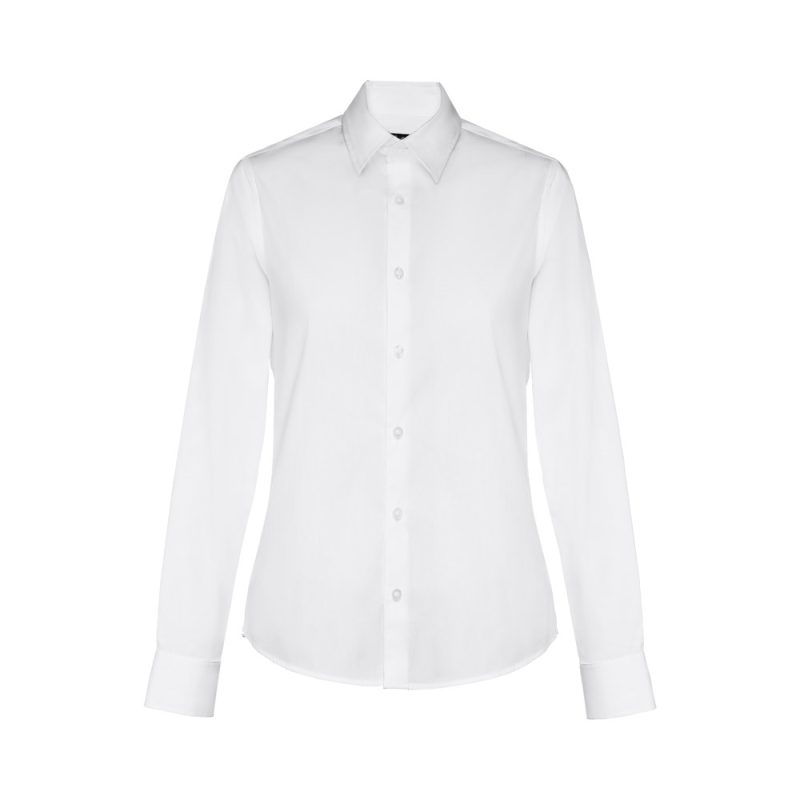 White long-sleeve collared shirt with buttons.