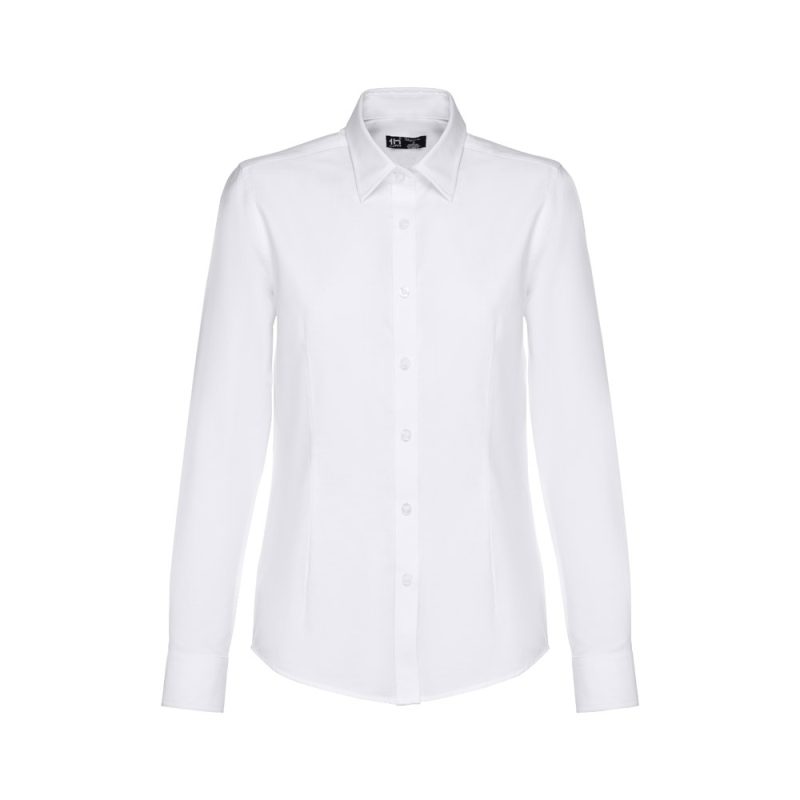 White long-sleeve women's shirt with collar.