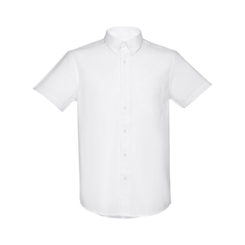 White short-sleeve button-up shirt.