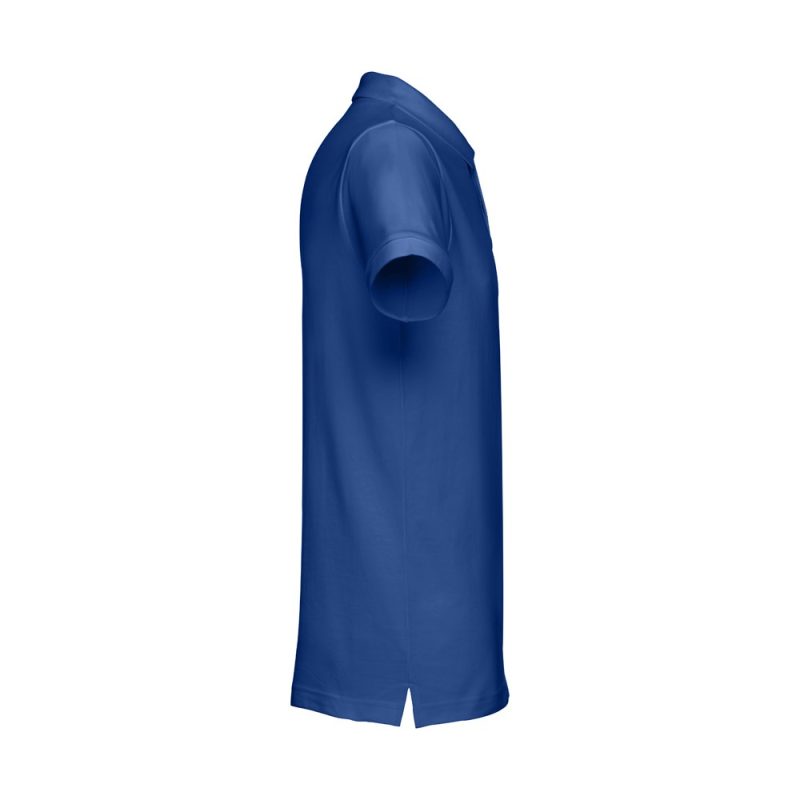 Side view of plain blue polo shirt