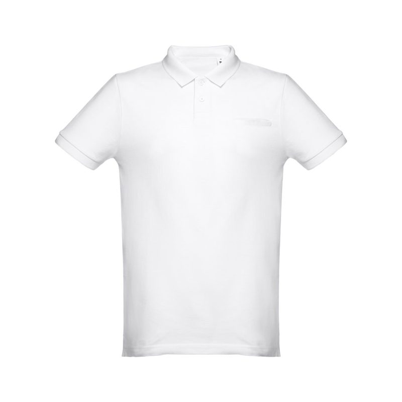 Plain white polo shirt, short sleeves.