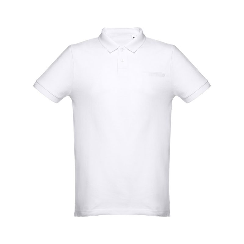 Plain white polo shirt with short sleeves.