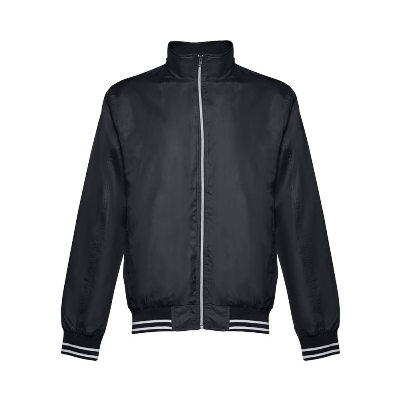 Classic black bomber jacket with zip fastening.