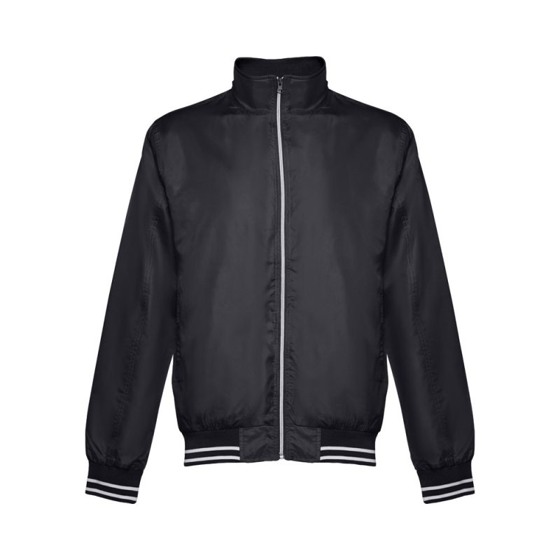 Black bomber jacket with white zipper and cuffs.