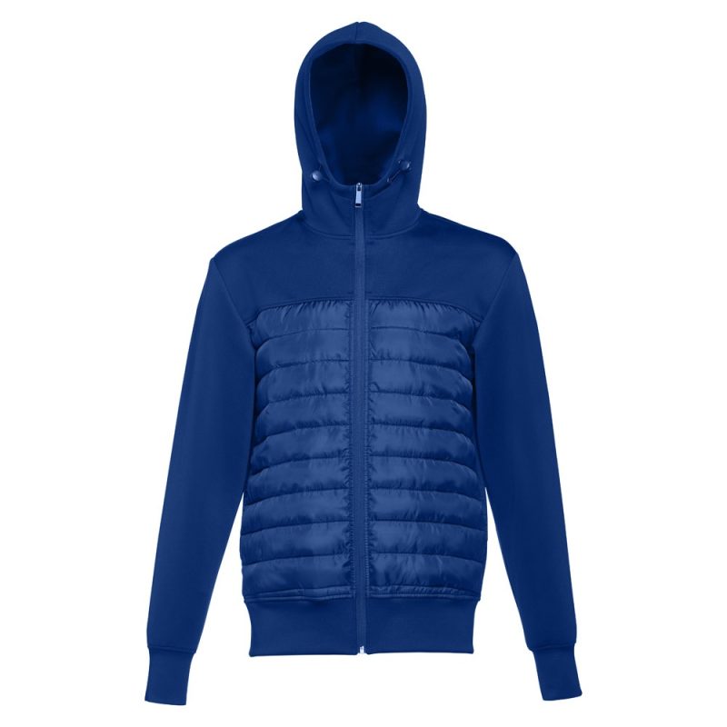 Blue hooded jacket with quilted front panel.