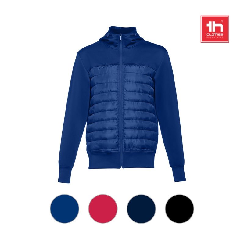 Blue quilted jacket with hood and zip closure.