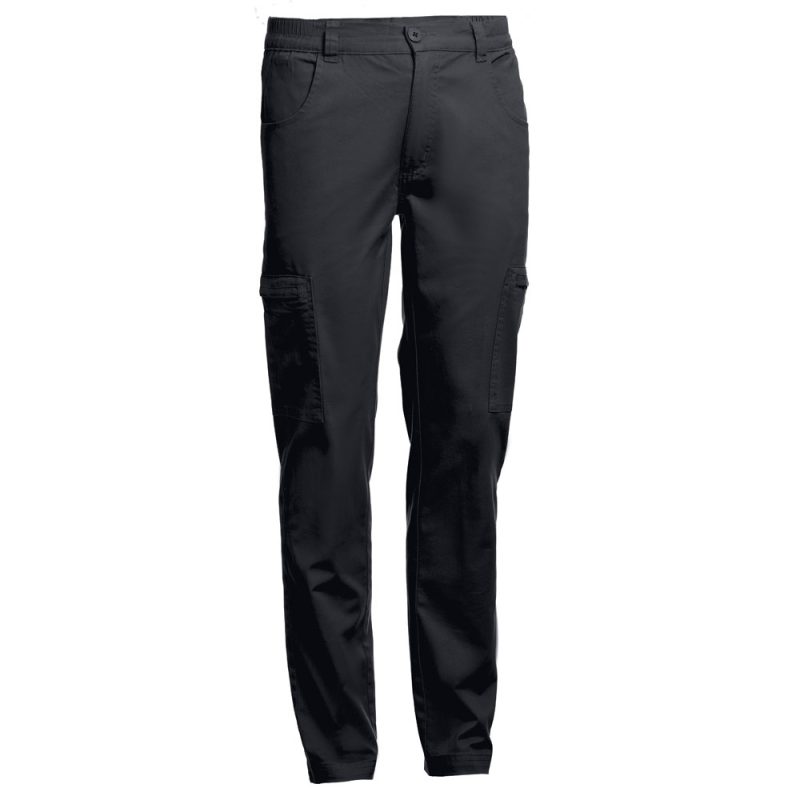 Black cargo trousers with multiple pockets.
