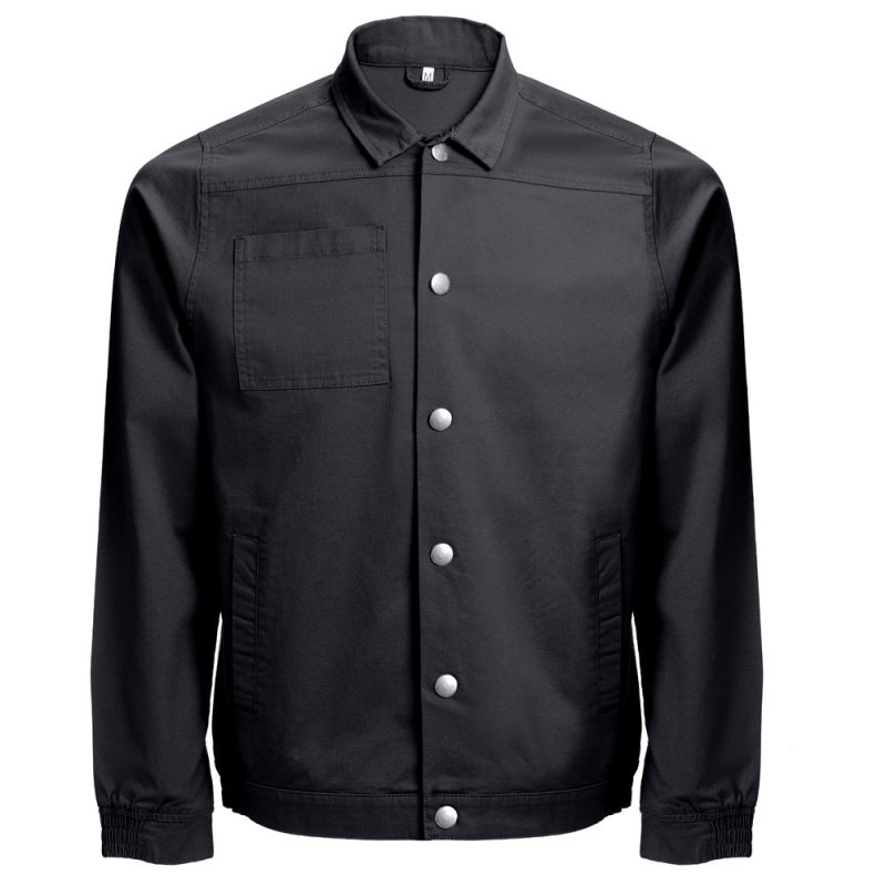 Black buttoned jacket with chest pocket.