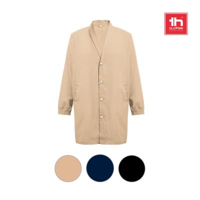 Beige long coat with button details.