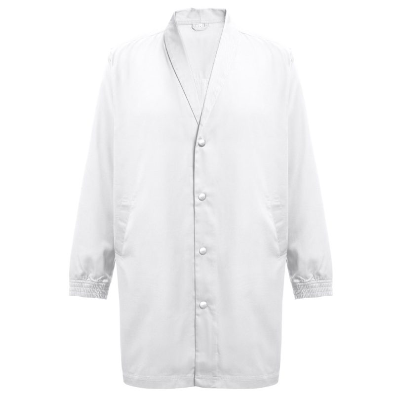 White lab coat with buttons and pockets.