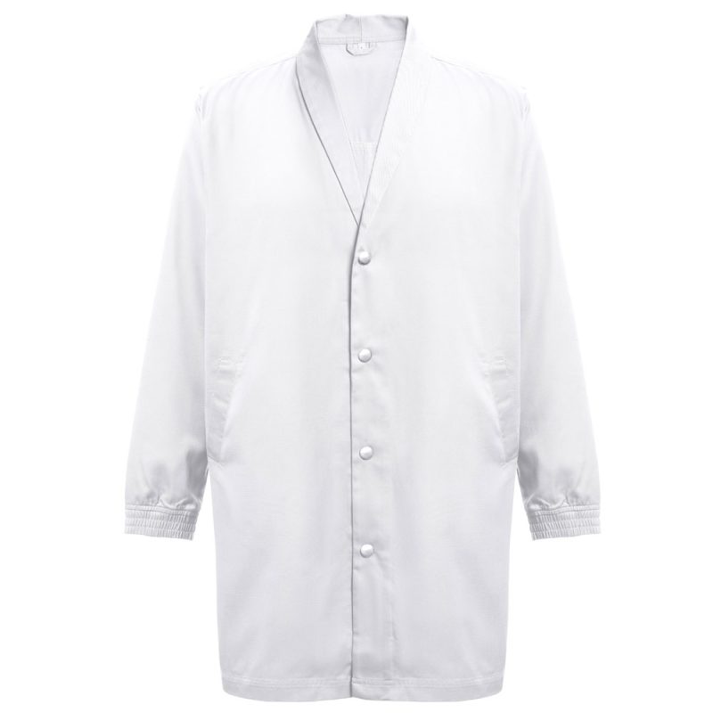 White lab coat with buttons and pockets.