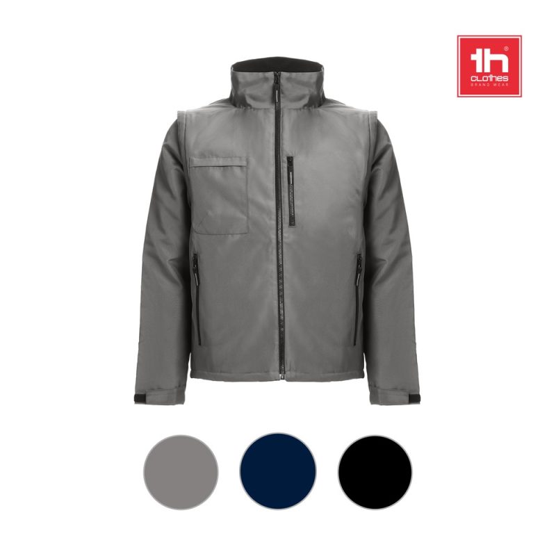 Grey padded jacket with three colour options shown.